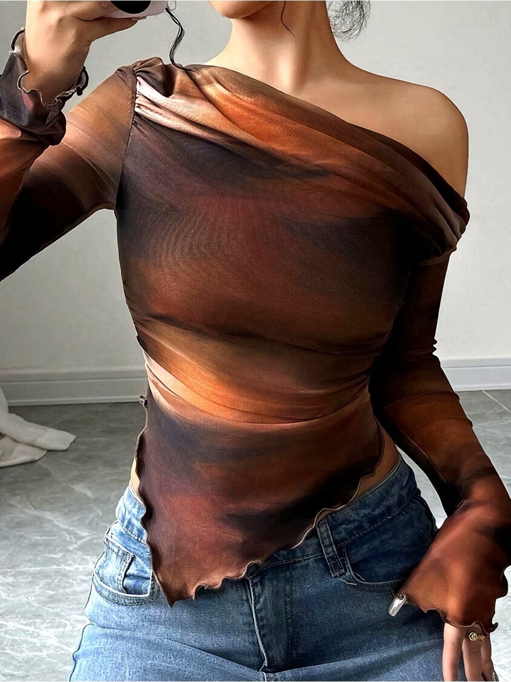 Off-Shoulder Ombre Brown Long-Sleeve Mesh Top